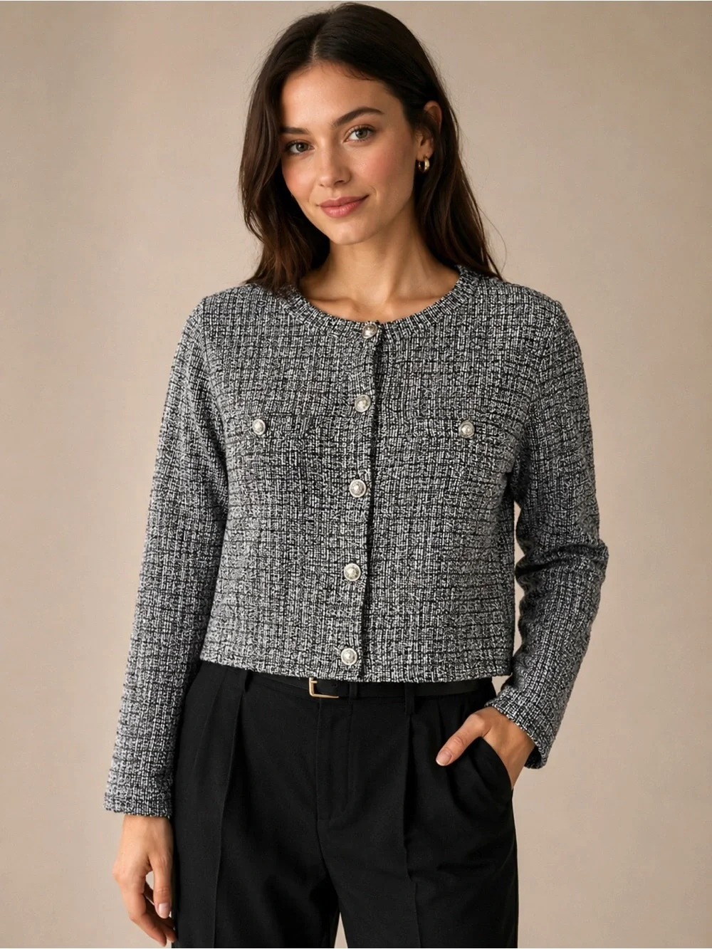 H&M Black White Tweed Crop Cardigan Jacket Women’s XXL Textured Button Front